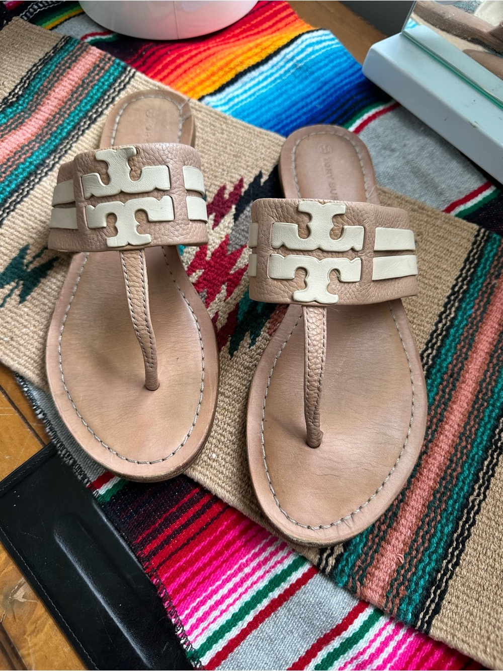 Tory Burch Tan and Cream Miller Thong Sandals